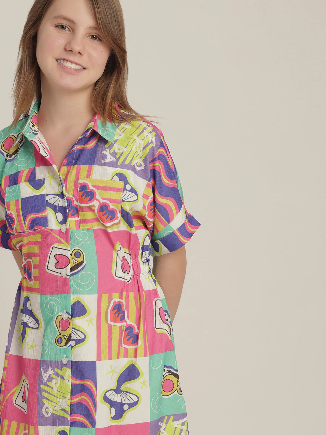 Girls Comic Block Print Shirt Dress - Image 6