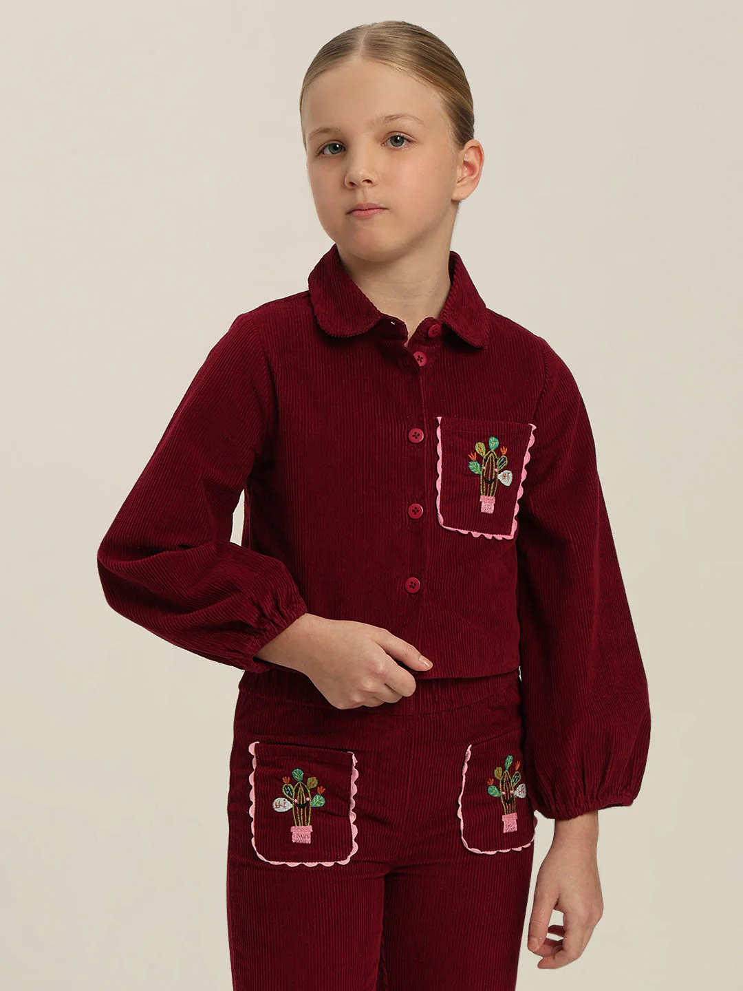 GIRLS Maroon Embroidered Corduroy Shirt - Image 2