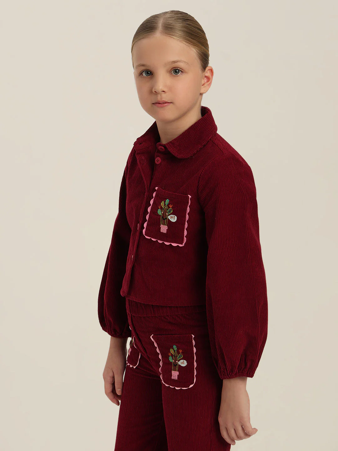 GIRLS Maroon Embroidered Corduroy Shirt - Image 3
