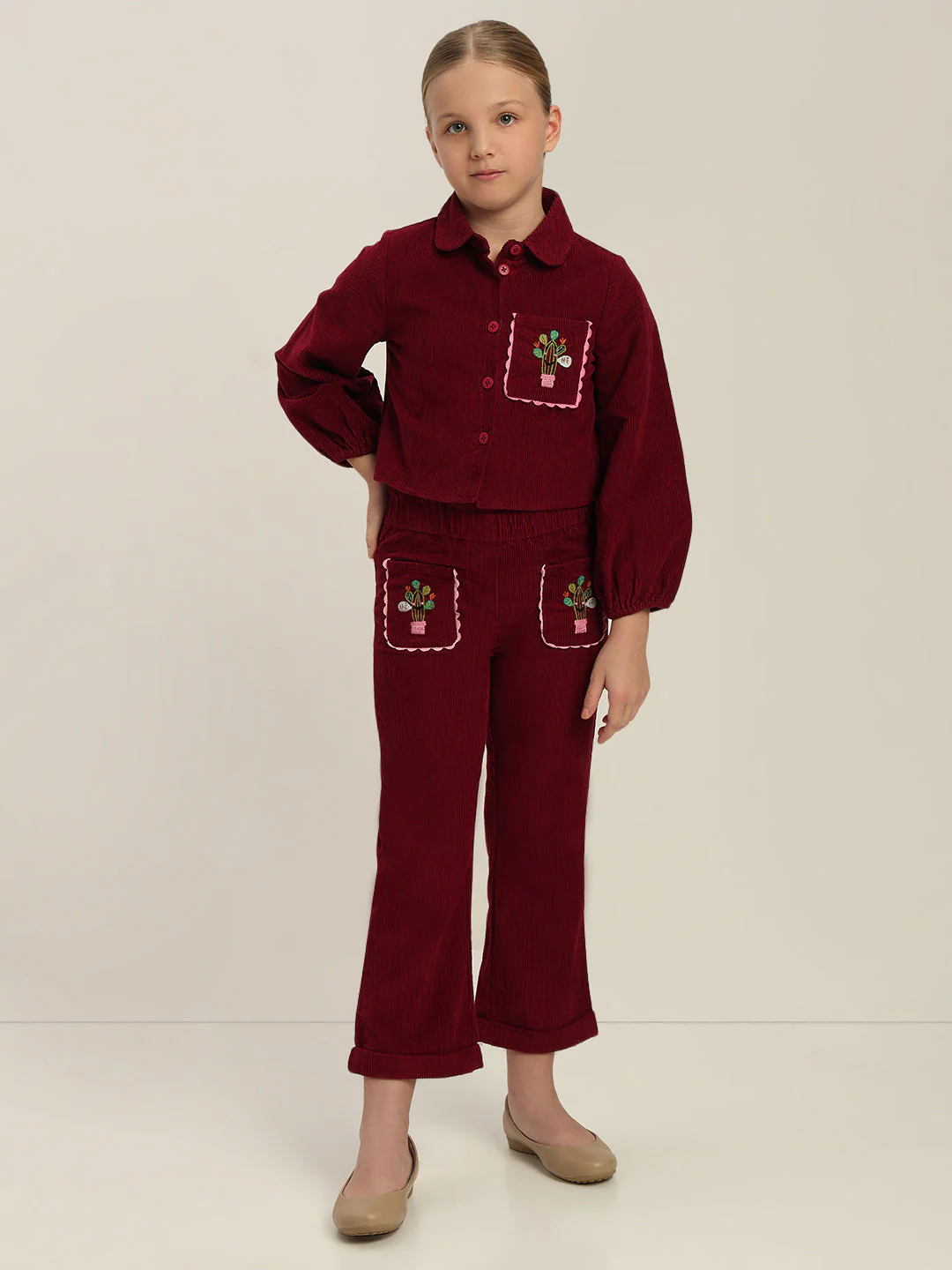 GIRLS Maroon Embroidered Corduroy Shirt - Image 5