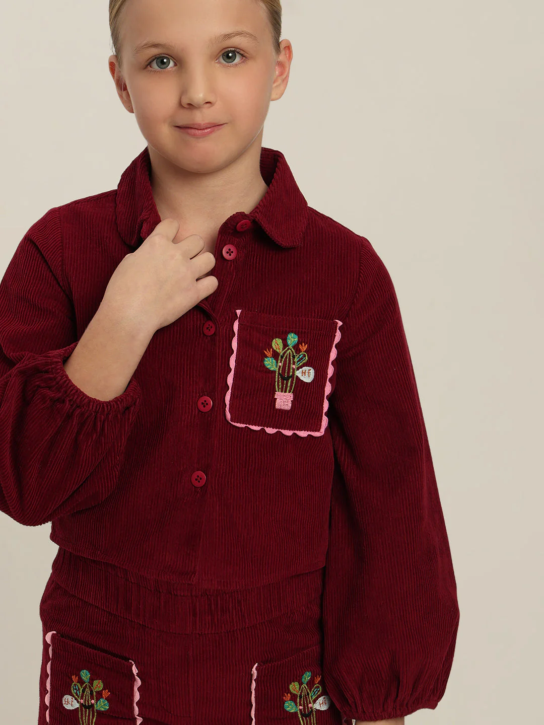 GIRLS Maroon Embroidered Corduroy Shirt - Image 6