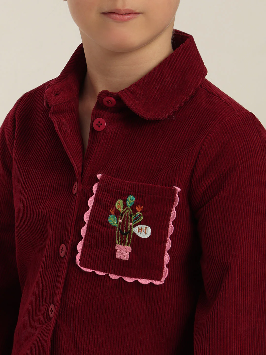 GIRLS Maroon Embroidered Corduroy Shirt - Image 8