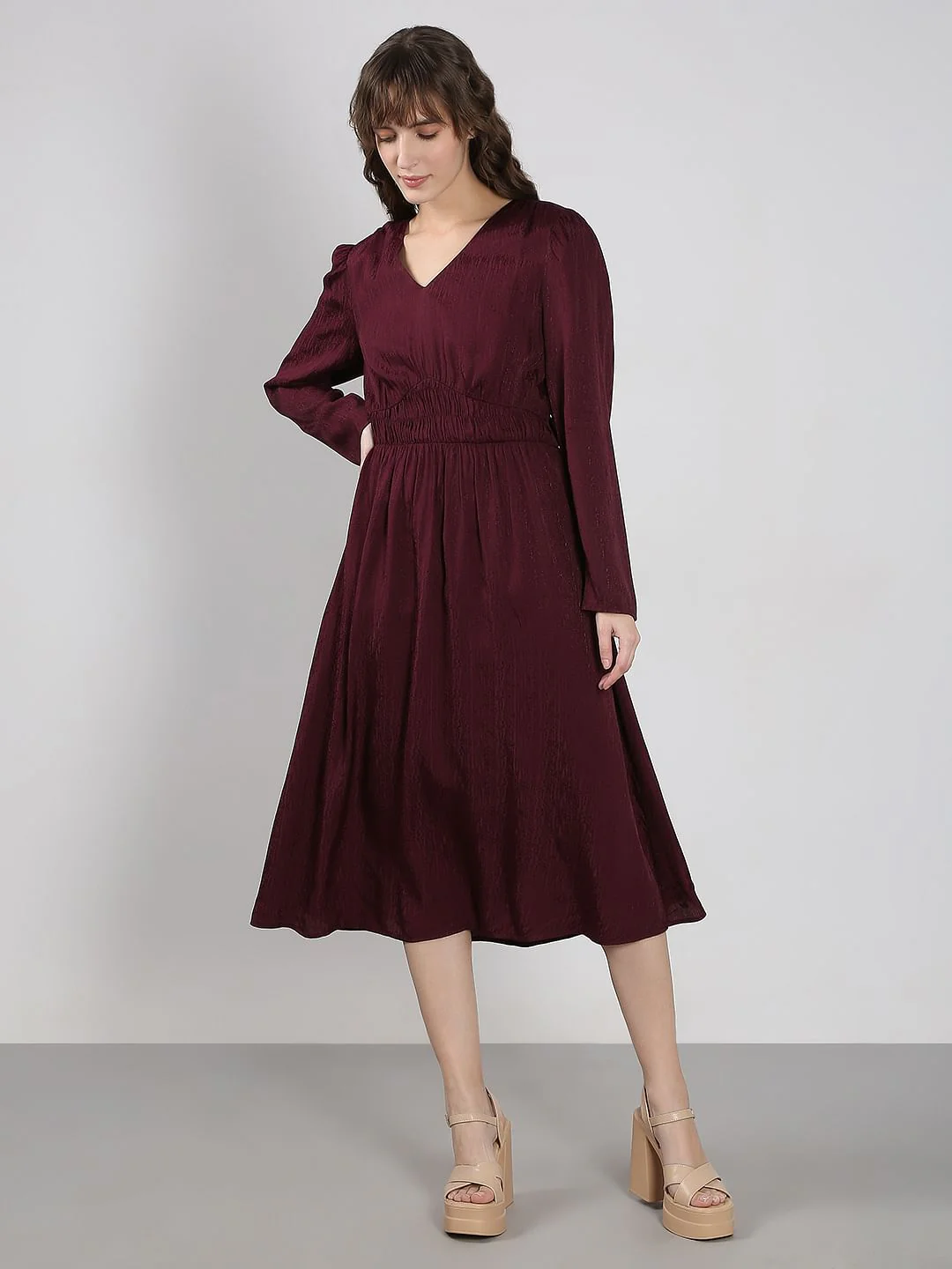 Maroon V Neck Jacquard Dress - Image 2