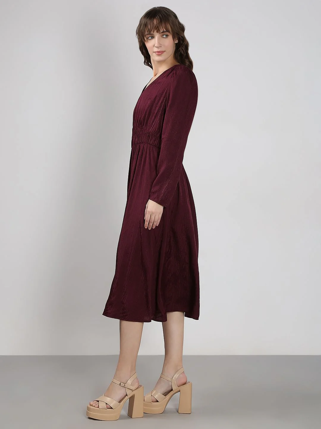 Maroon V Neck Jacquard Dress - Image 3