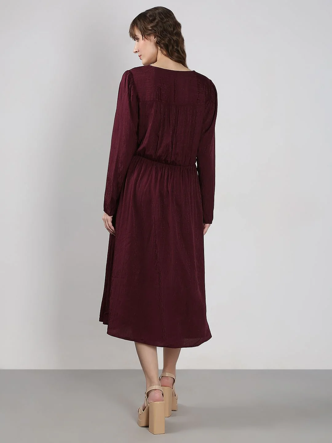 Maroon V Neck Jacquard Dress - Image 4