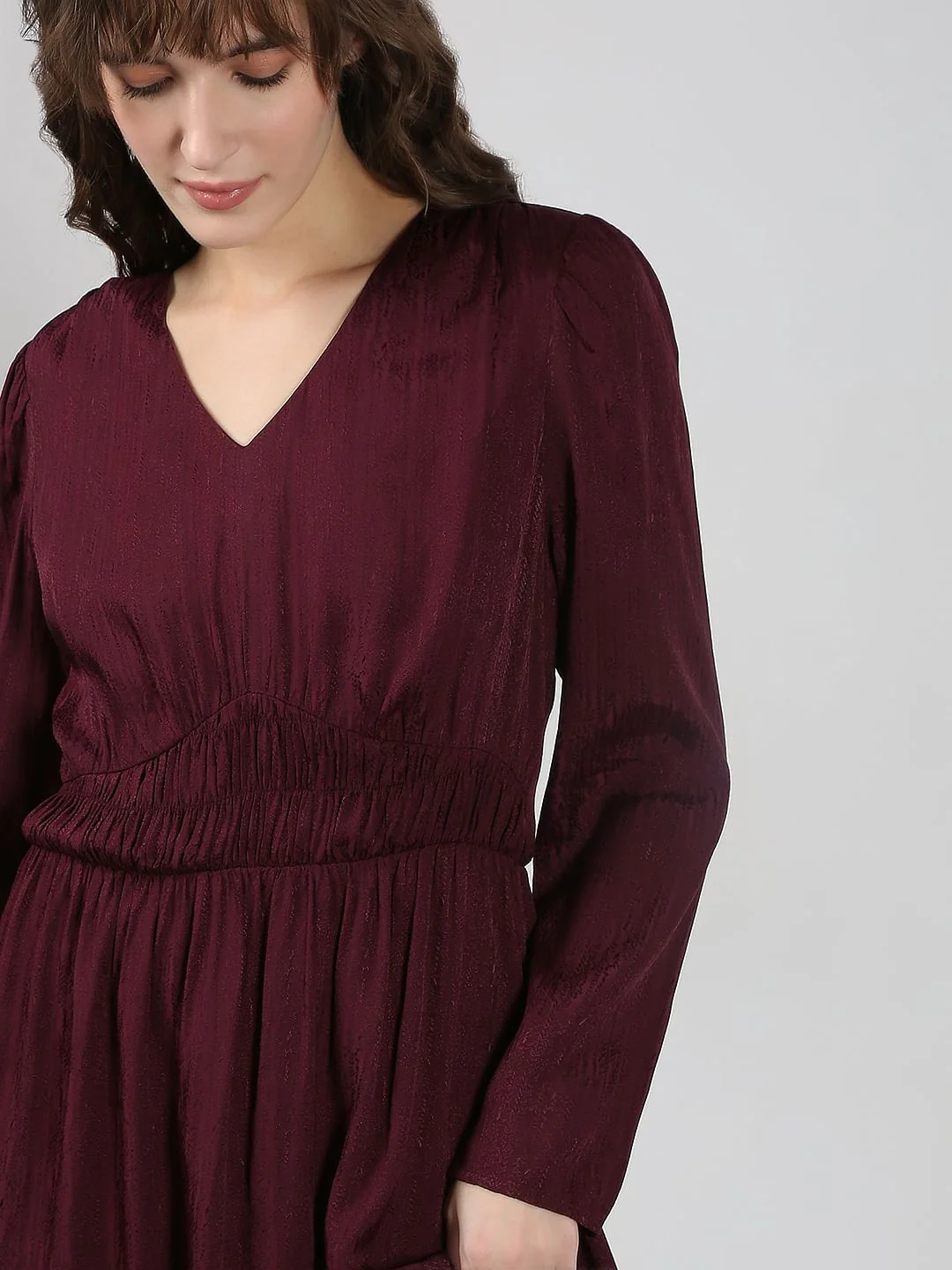Maroon V Neck Jacquard Dress - Image 5