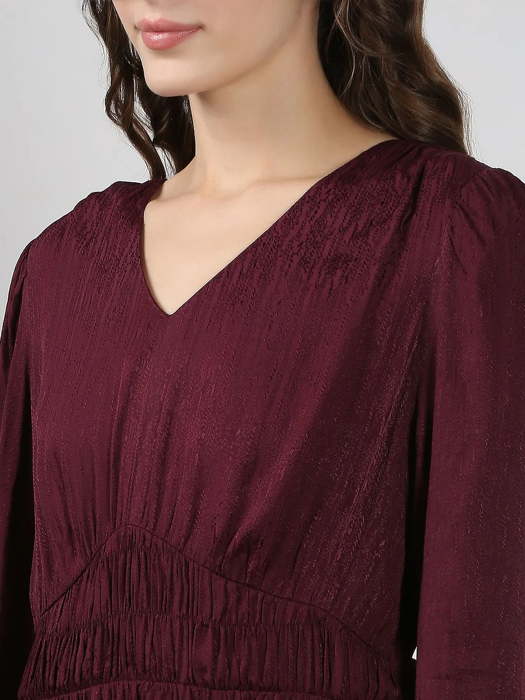 Maroon V Neck Jacquard Dress - Image 6