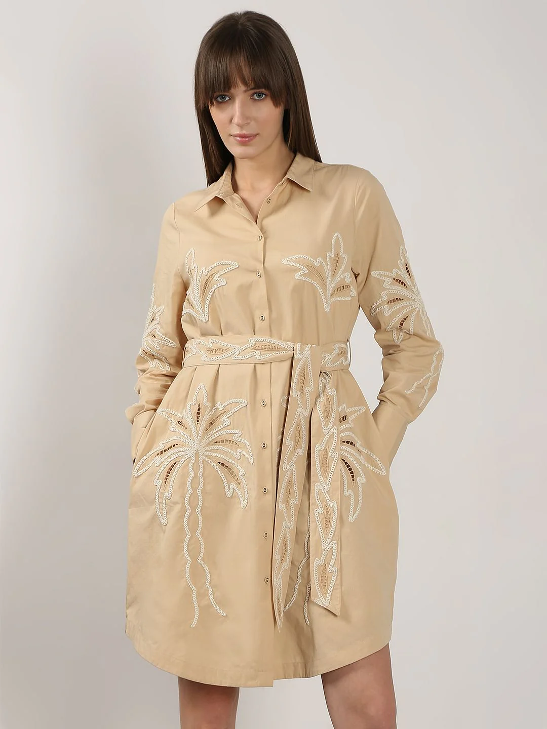 Beige Embroidered Print Shirt Dress - Image 2