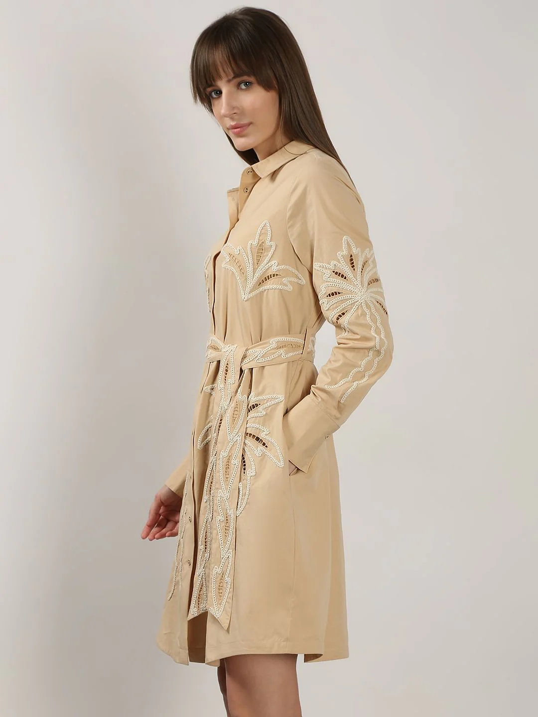 Beige Embroidered Print Shirt Dress - Image 3