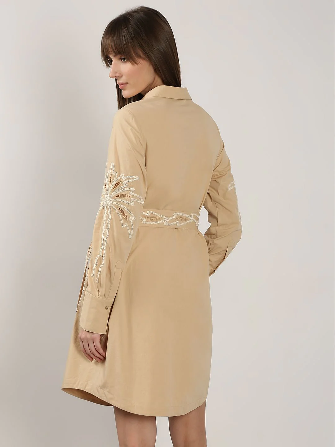 Beige Embroidered Print Shirt Dress - Image 4