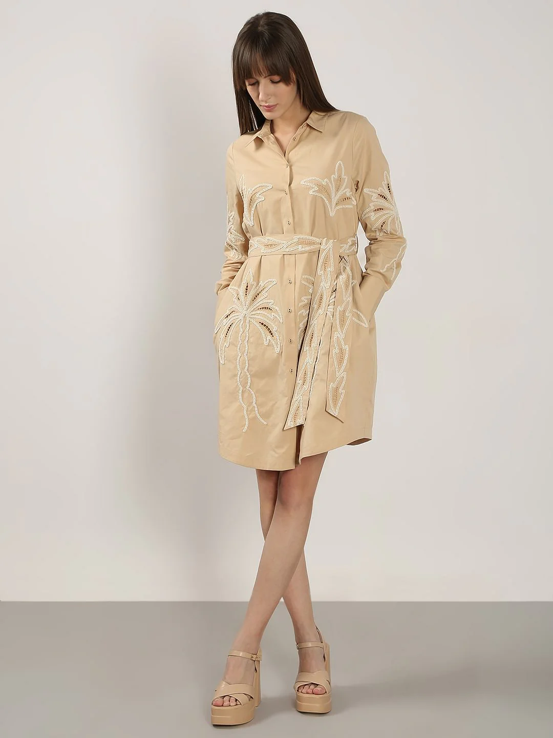 Beige Embroidered Print Shirt Dress - Image 5