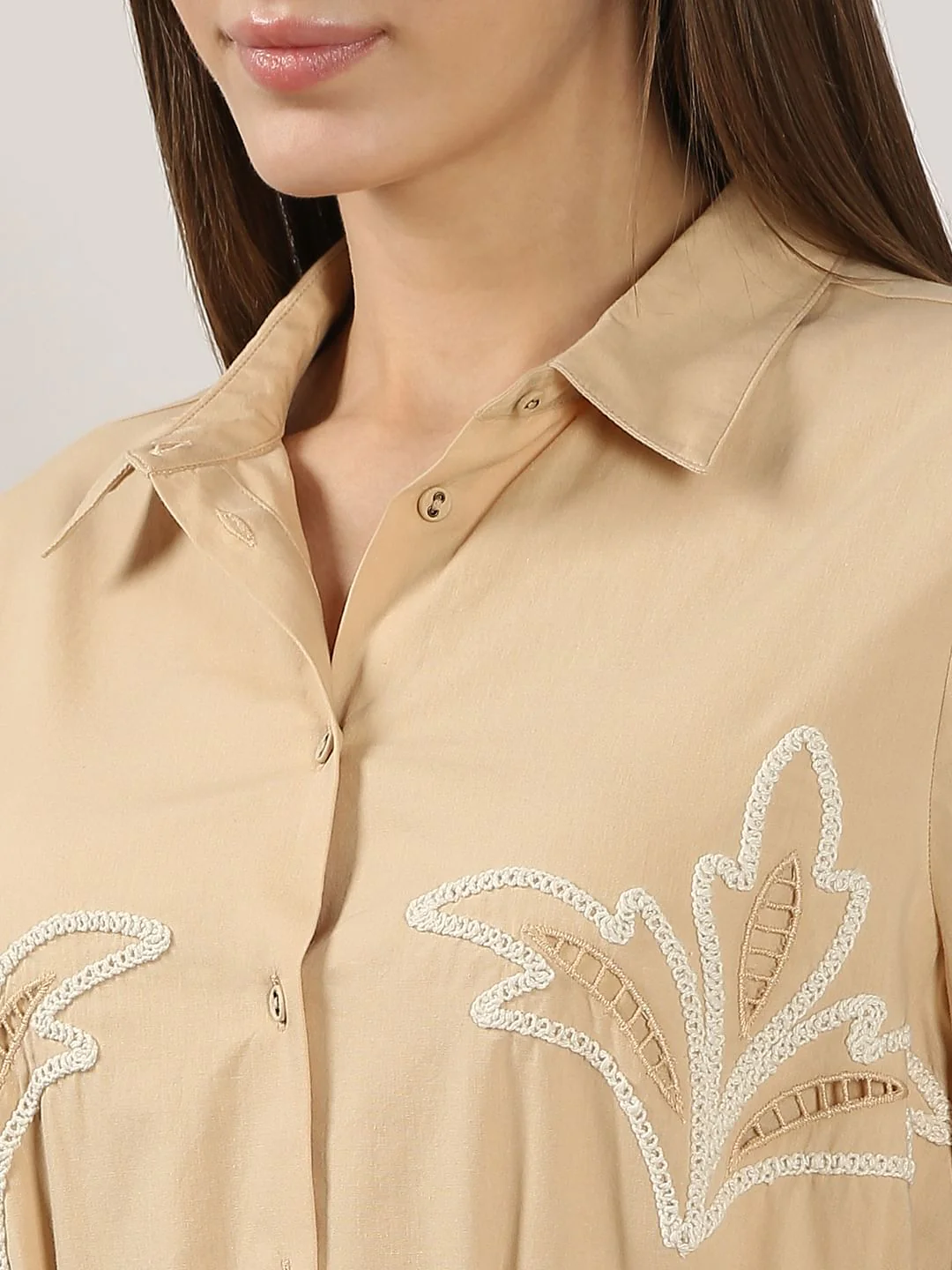 Beige Embroidered Print Shirt Dress - Image 8