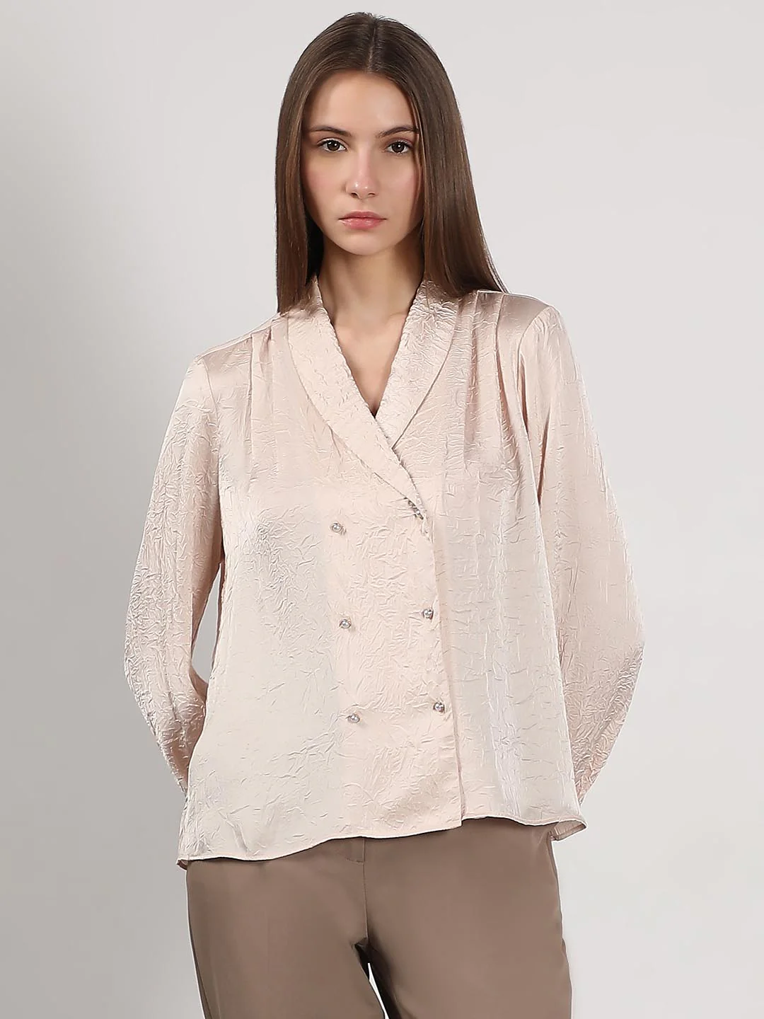 Vero Moda Beige Double Breasted Satin Top - Image 2