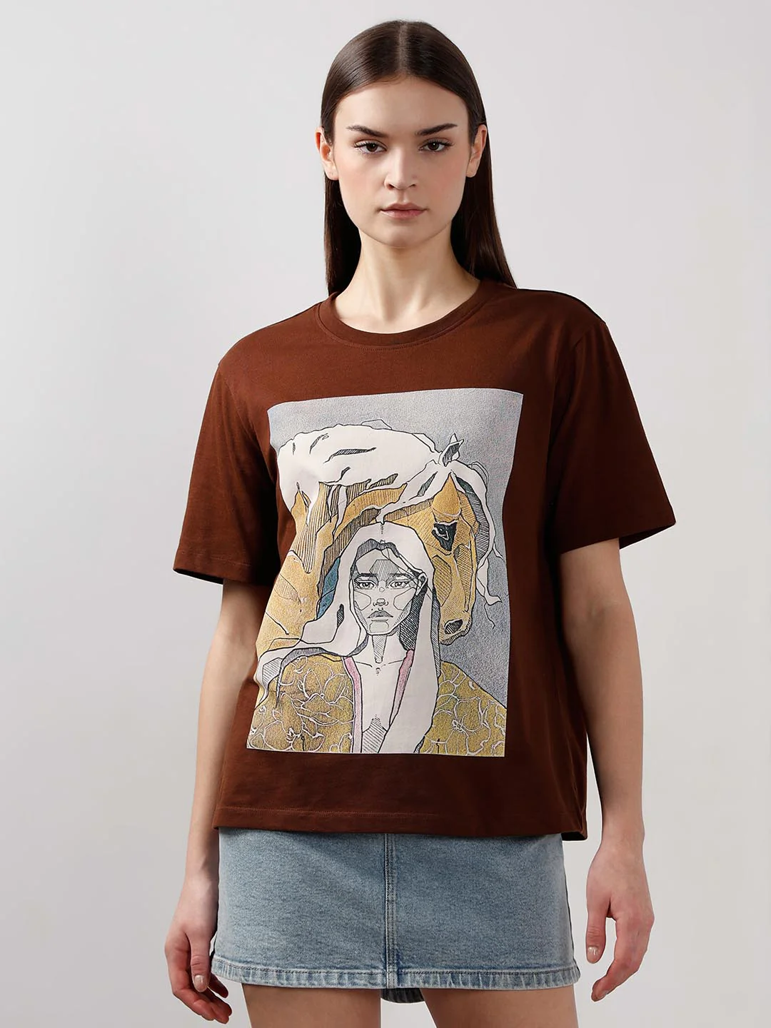 Vero Moda Dark Brown Printed Cotton T-Shirt - Image 2
