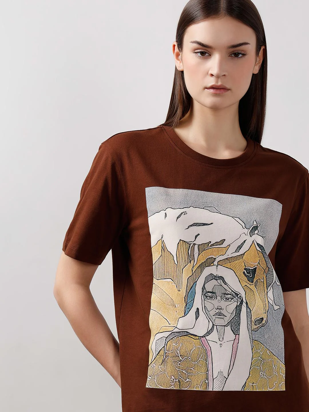 Vero Moda Dark Brown Printed Cotton T-Shirt - Image 6
