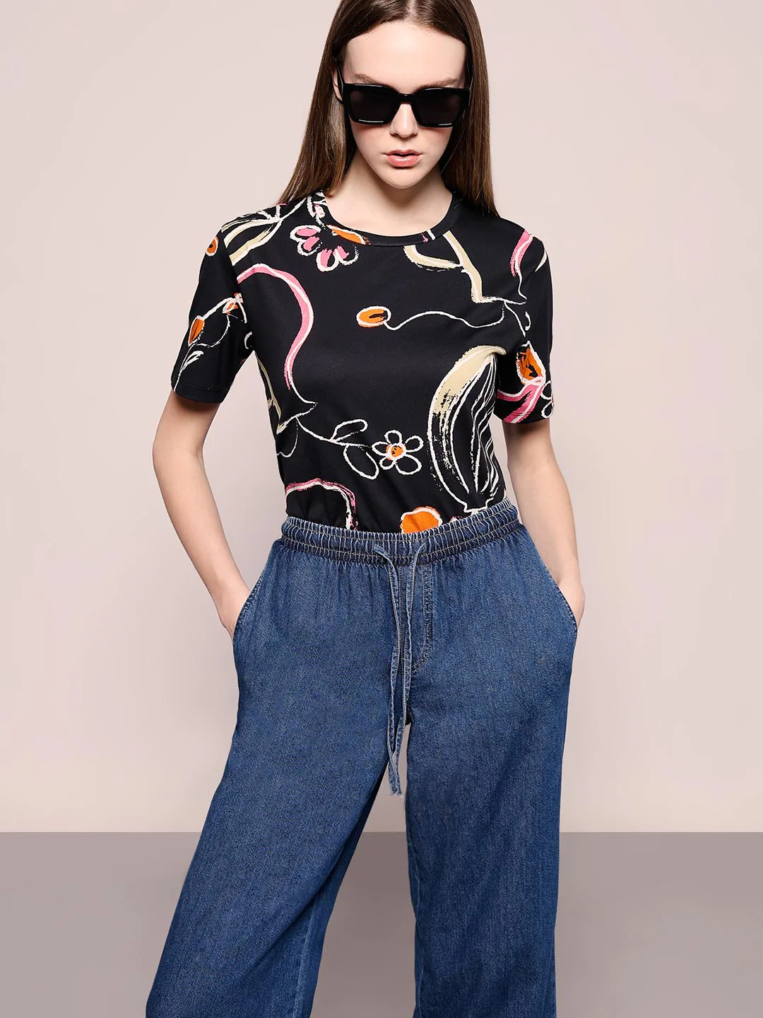 Vero Moda Black Printed Cotton T-Shirt