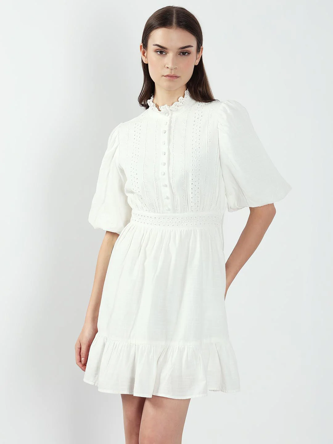 White Lace Cotton Short Dress - Image 2