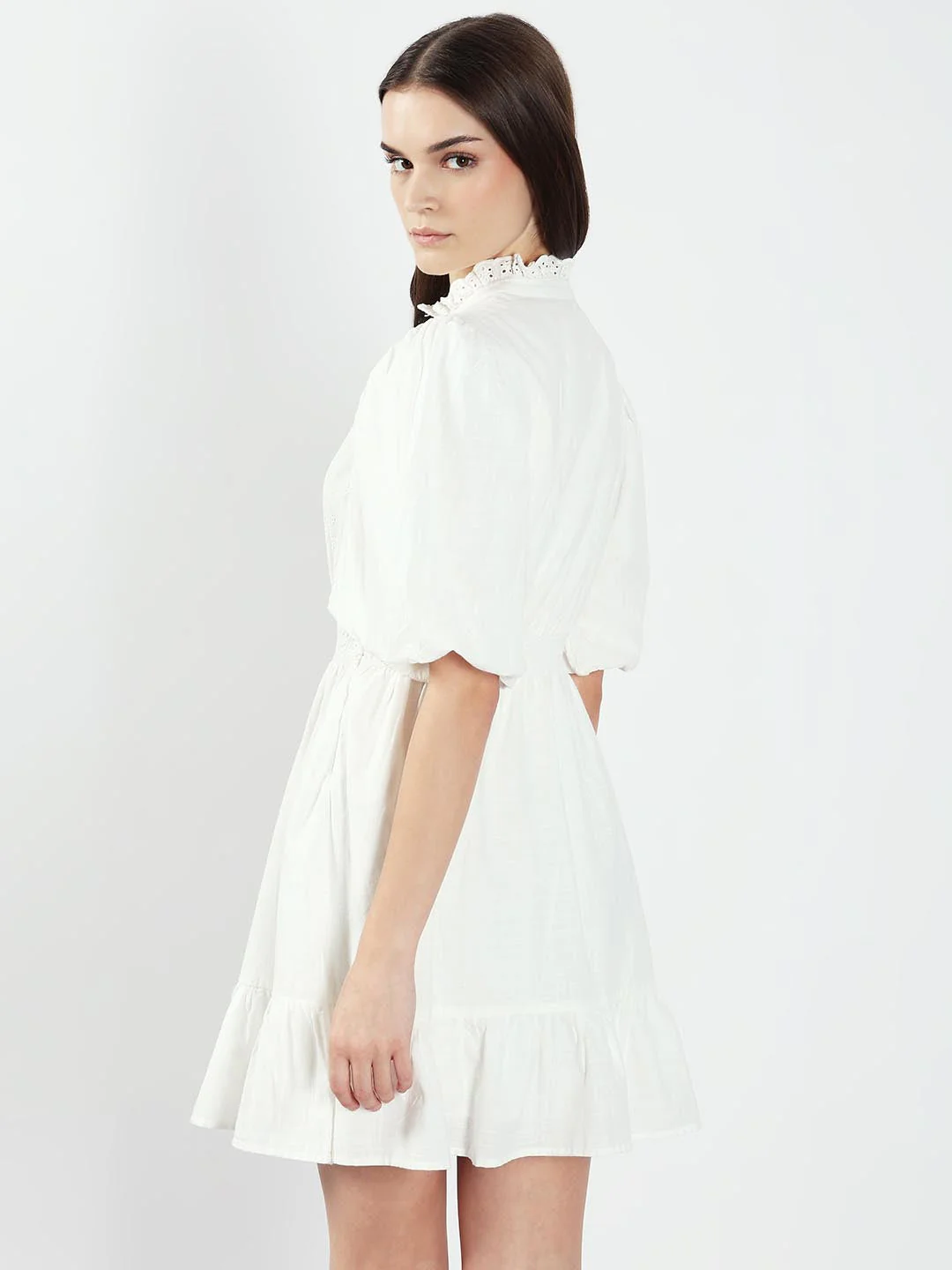 White Lace Cotton Short Dress - Image 3