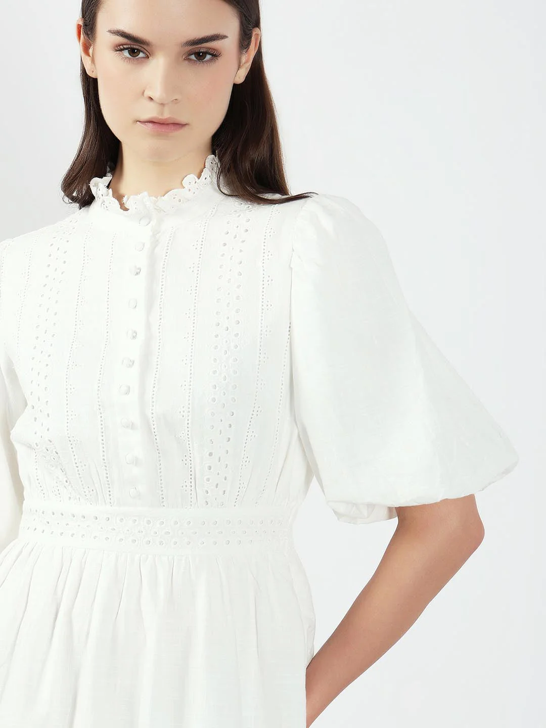 White Lace Cotton Short Dress - Image 6