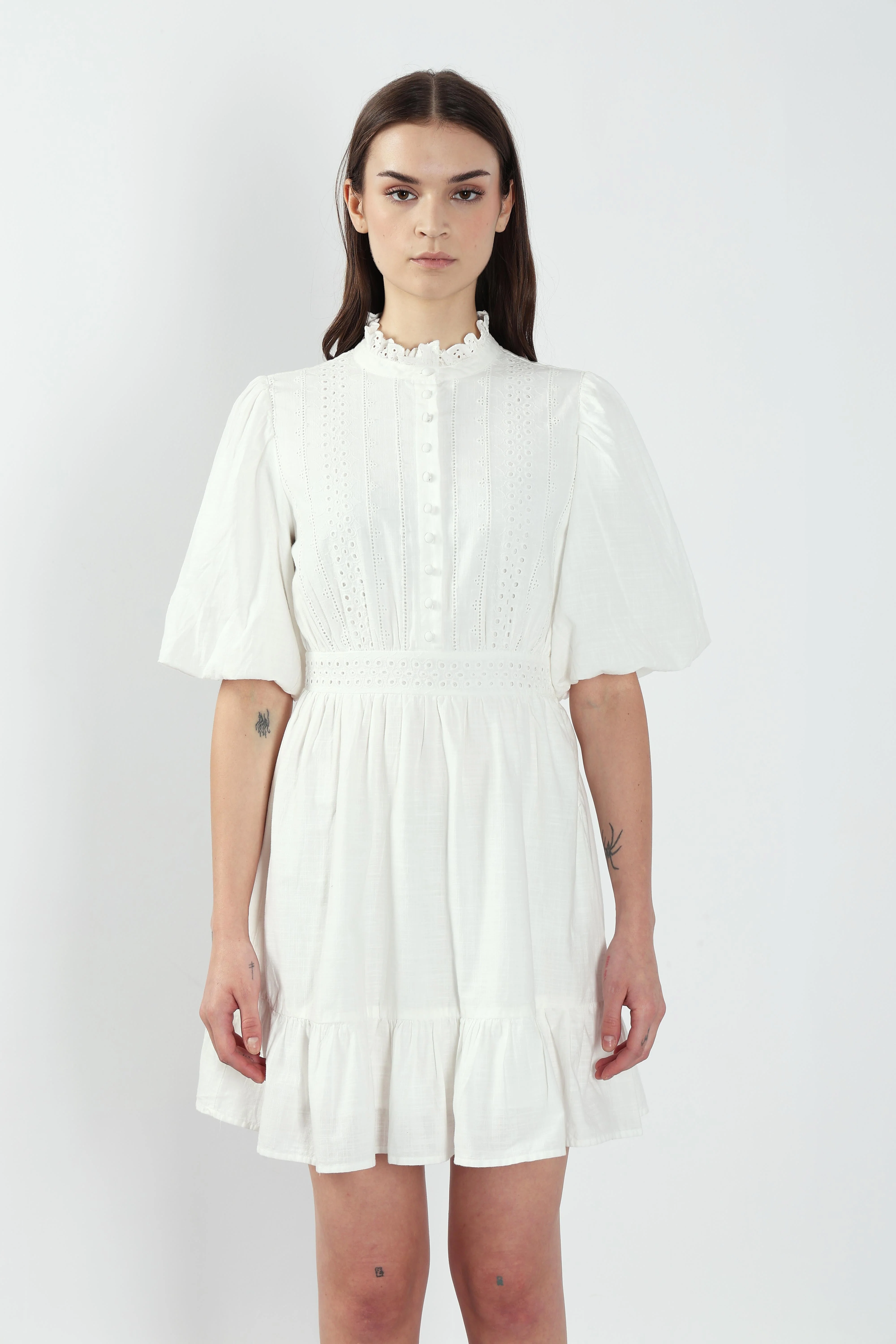 White Lace Cotton Short Dress - Image 9