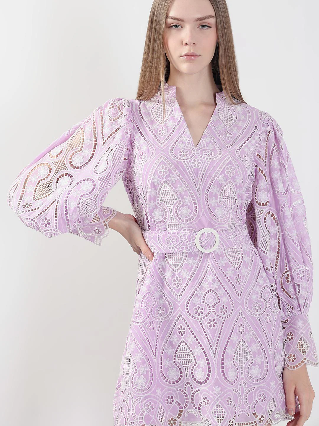 Lilac Schiffli Embroidered Mini Dress - Image 6