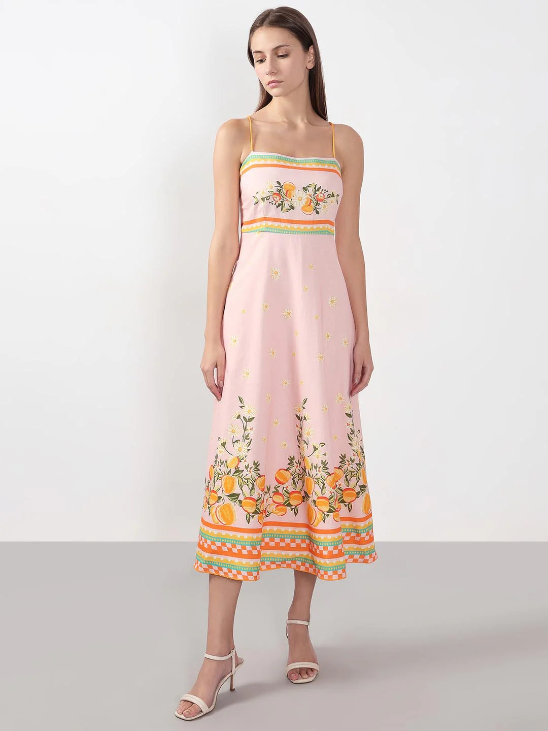 Vero Moda Peach Pink Printed Strappy Midi Dress - Image 2