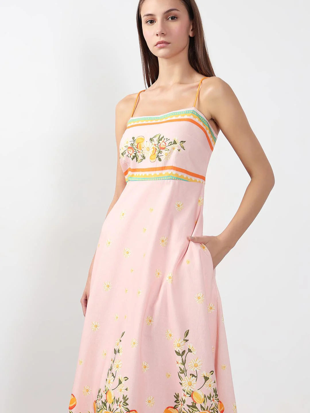 Vero Moda Peach Pink Printed Strappy Midi Dress - Image 5