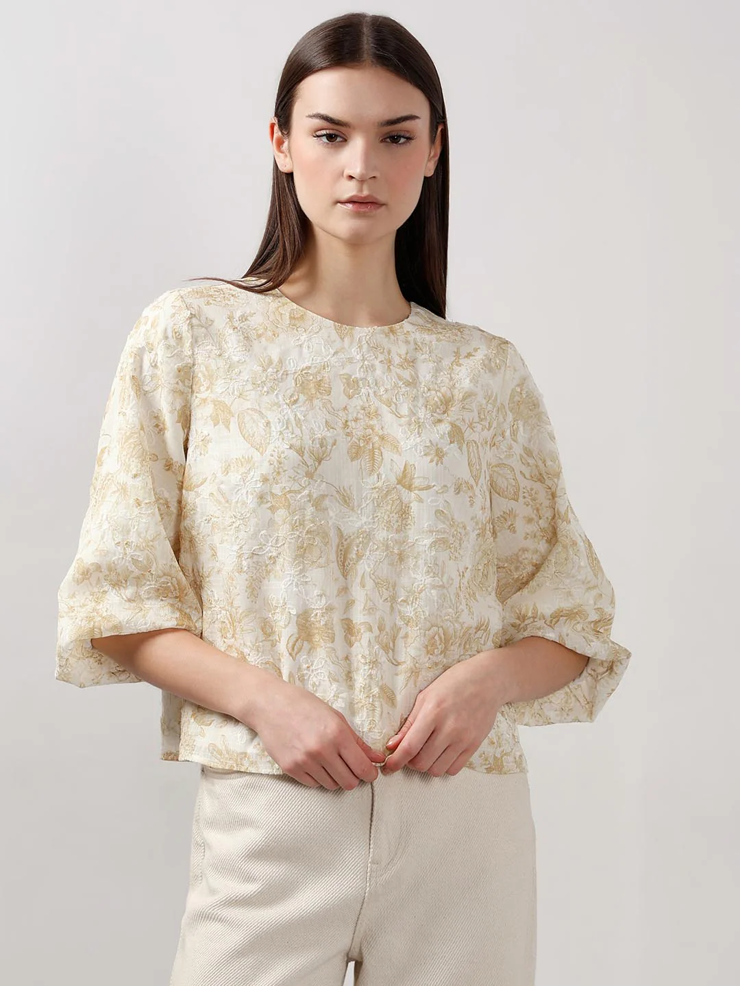Vero Moda Ecru Jacquard Printed Top - Image 2