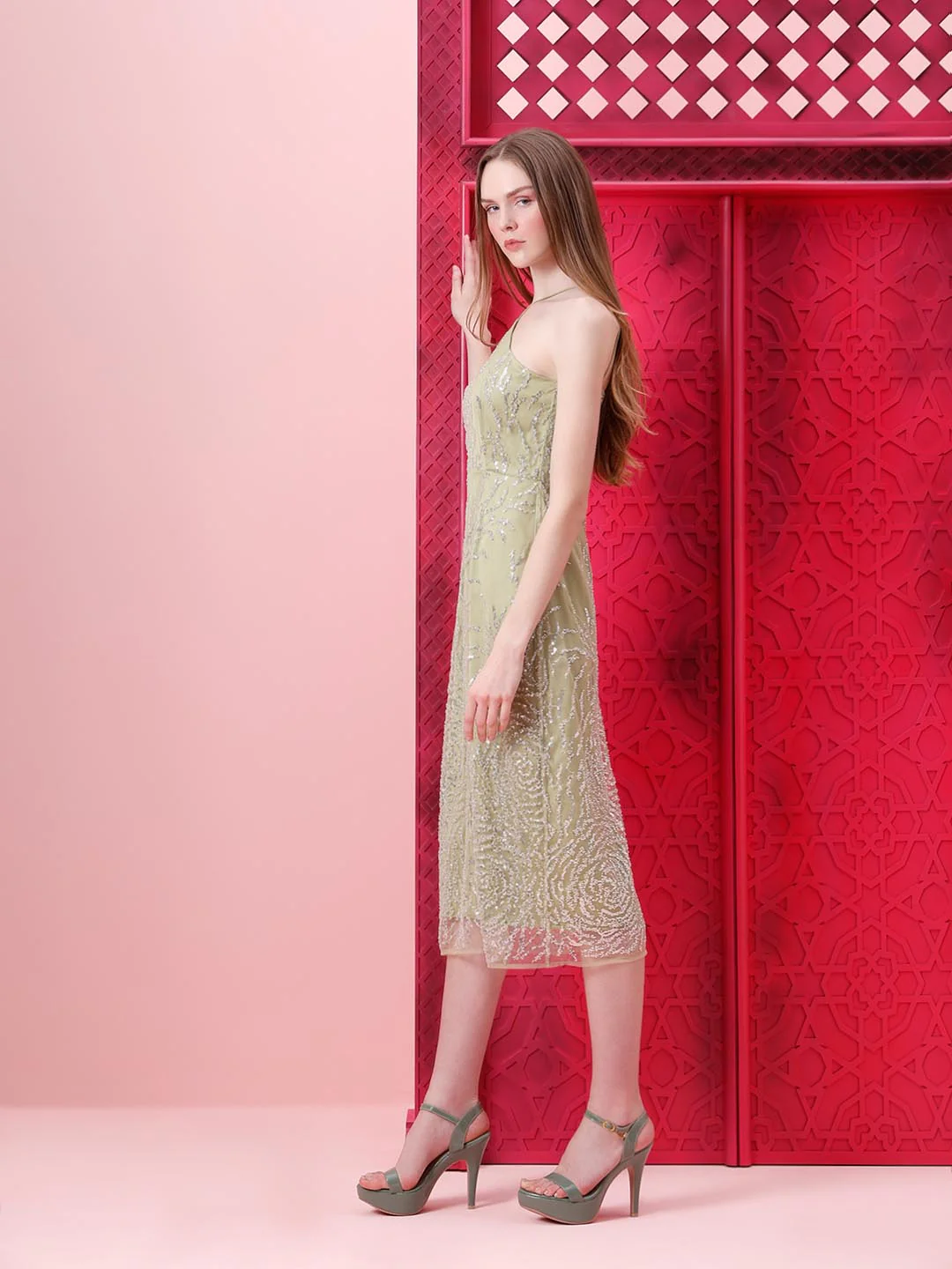 Vero Moda Marquee Sage Green Strappy Midi Dress - Image 3