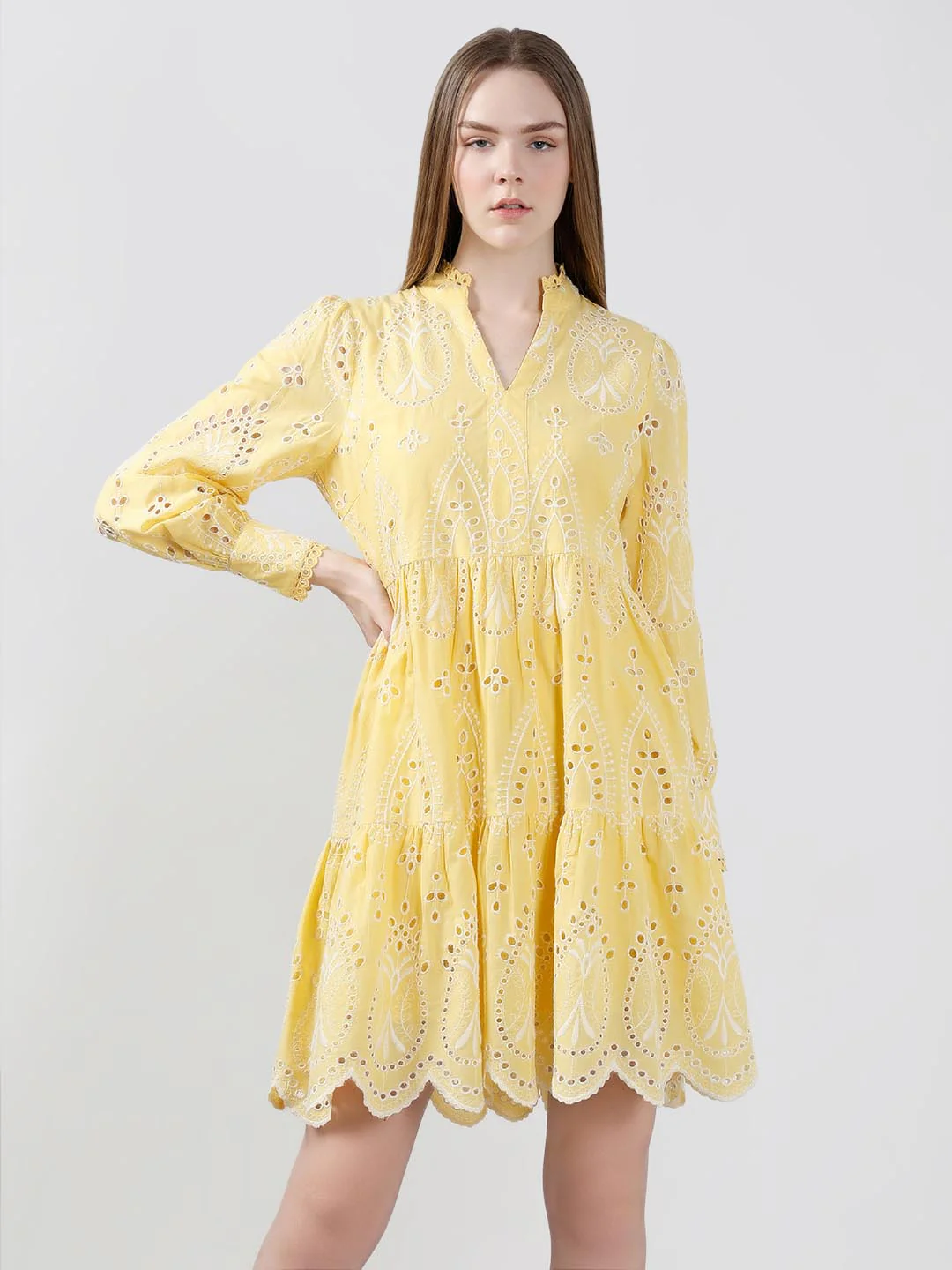 Vero Moda Yellow Schiffli Embroidered Dress - Image 2