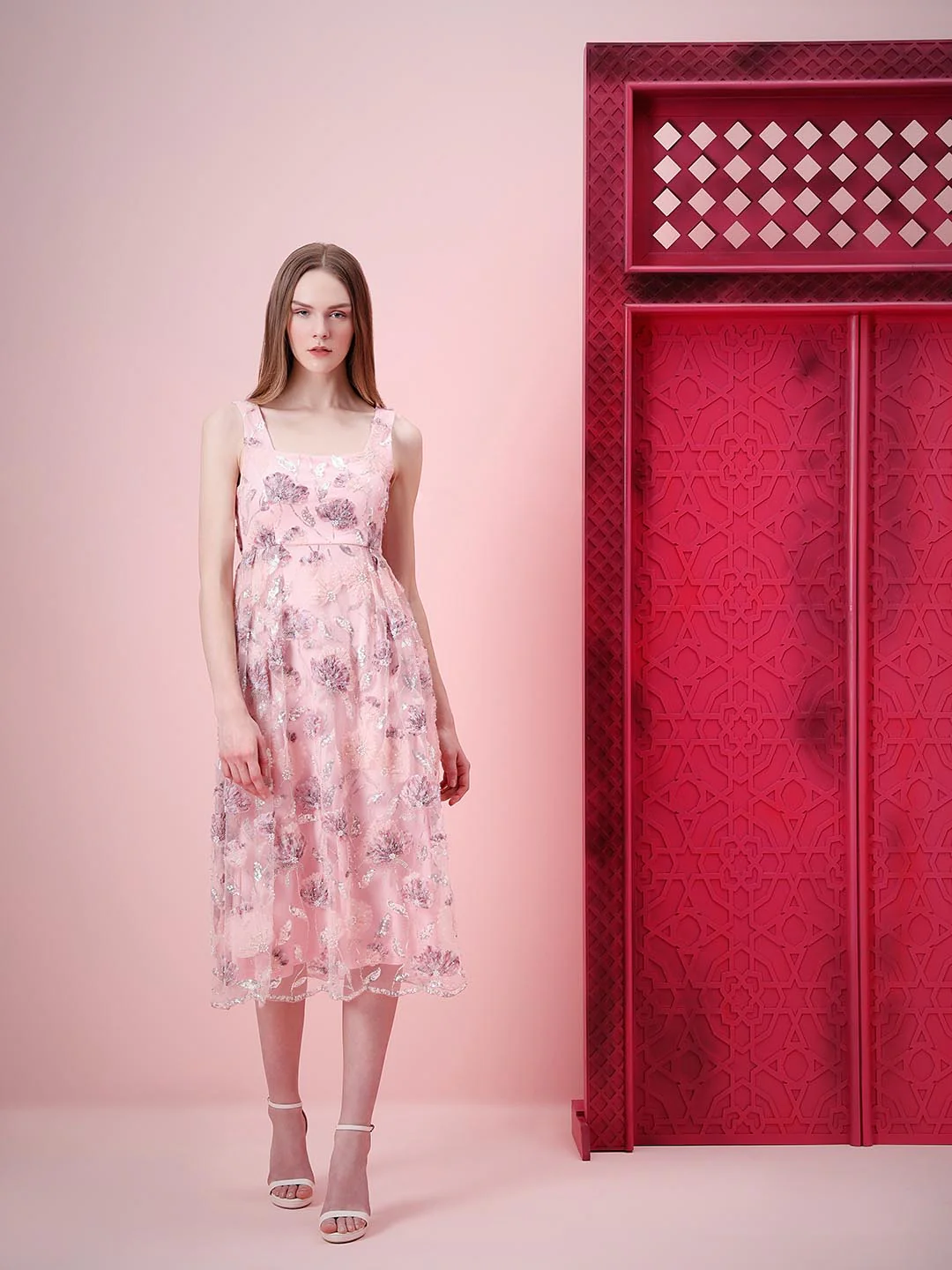 Marquee Pink Floral Embroidered Midi Dress - Image 2