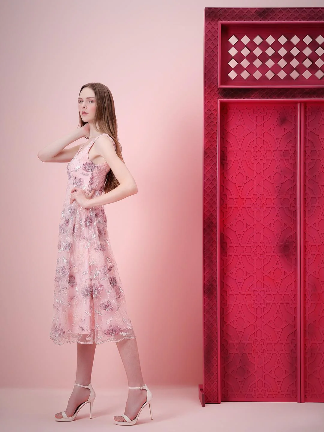 Marquee Pink Floral Embroidered Midi Dress - Image 3