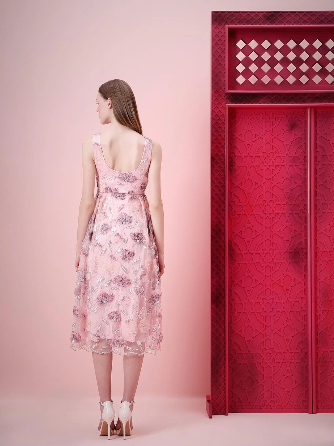 Marquee Pink Floral Embroidered Midi Dress - Image 4