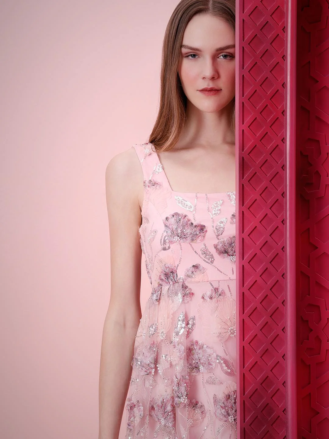 Marquee Pink Floral Embroidered Midi Dress - Image 5