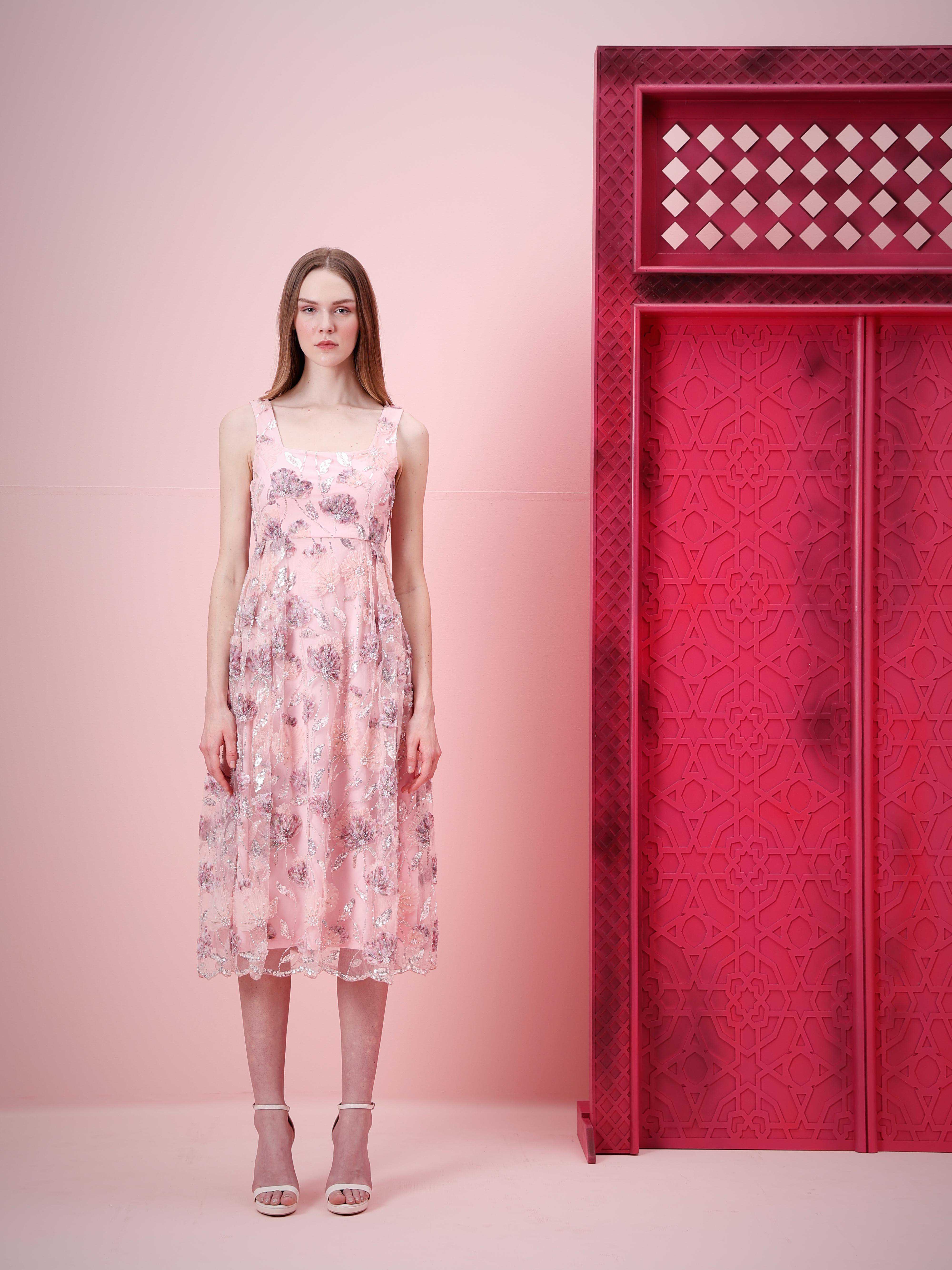 Marquee Pink Floral Embroidered Midi Dress - Image 8
