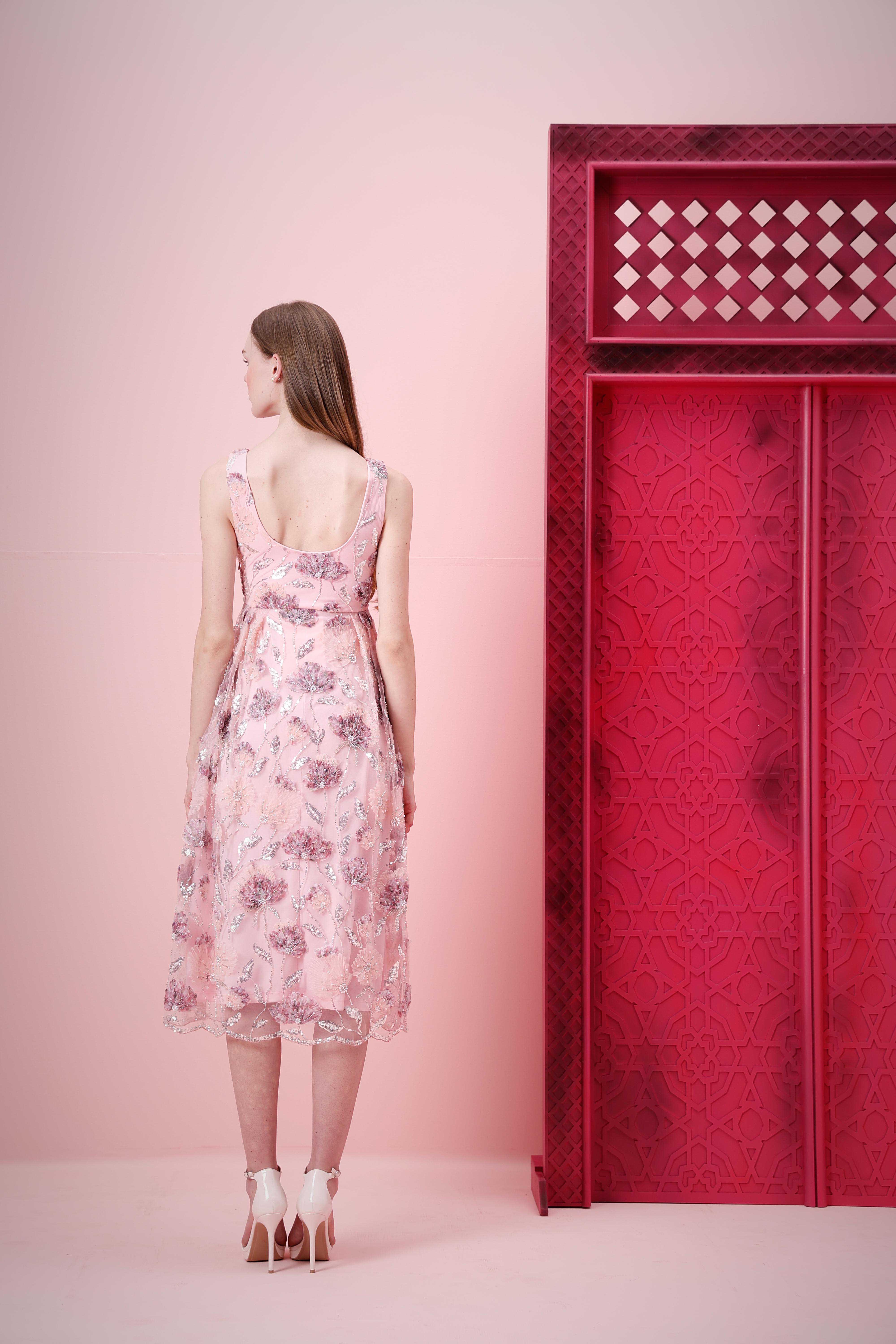 Marquee Pink Floral Embroidered Midi Dress - Image 9
