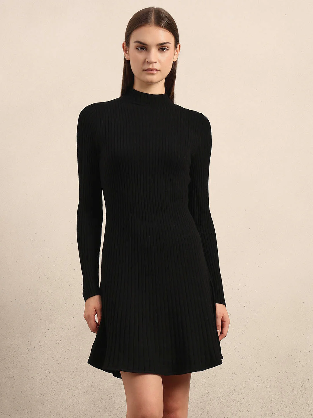 Ribbed Knitted Skater Dress - Black - Image 2