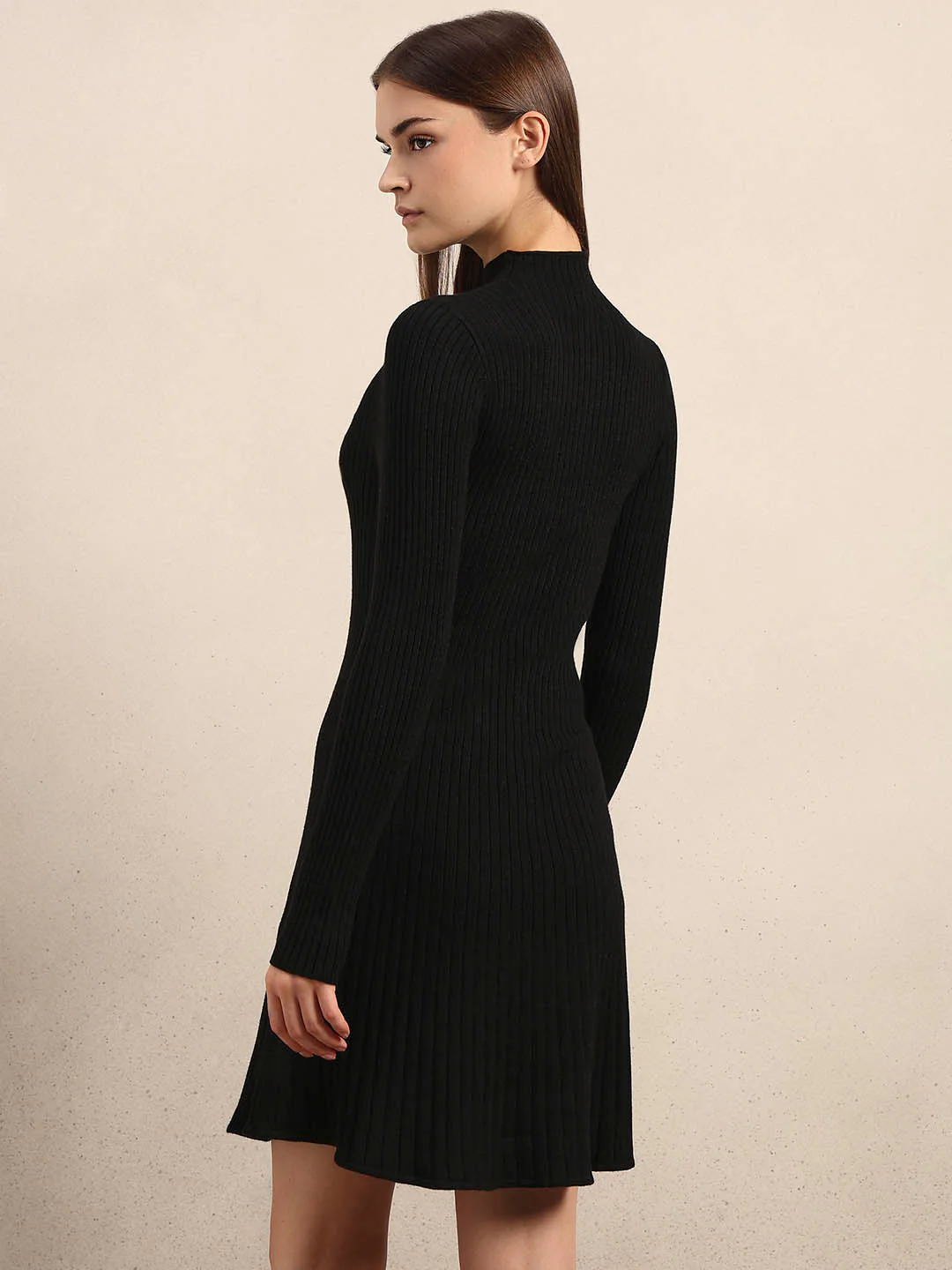 Ribbed Knitted Skater Dress - Black - Image 4