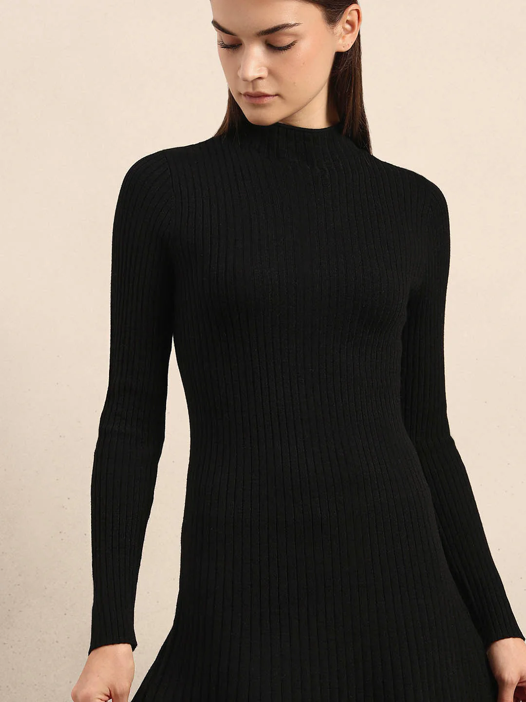 Ribbed Knitted Skater Dress - Black - Image 6