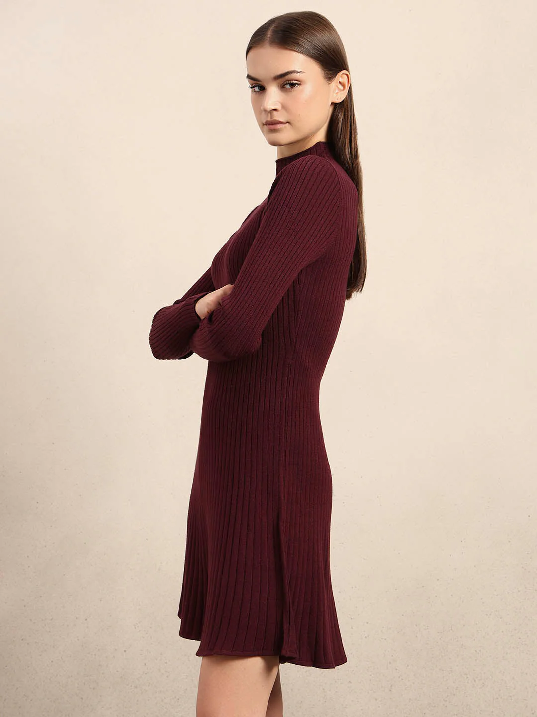 Ribbed Knitted Skater Dress - Red - Image 3