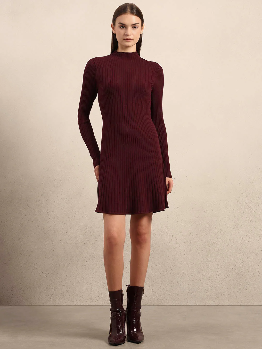 Ribbed Knitted Skater Dress - Red - Image 5