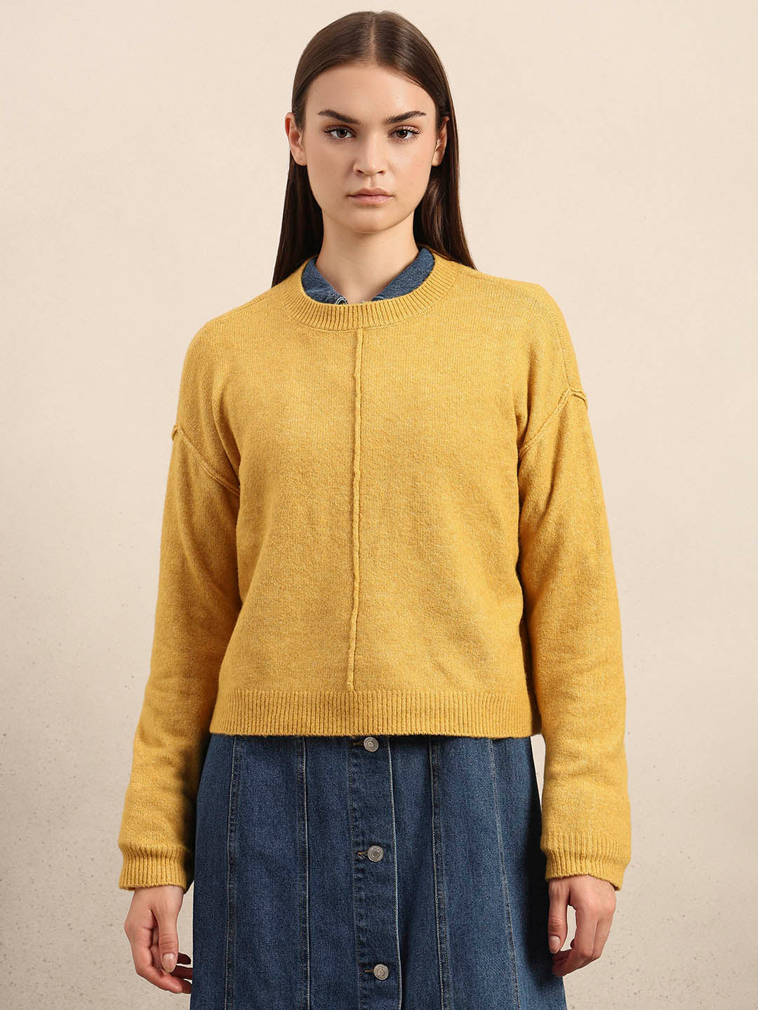 O-Neck Knitted Pullover - Mustard - Image 2