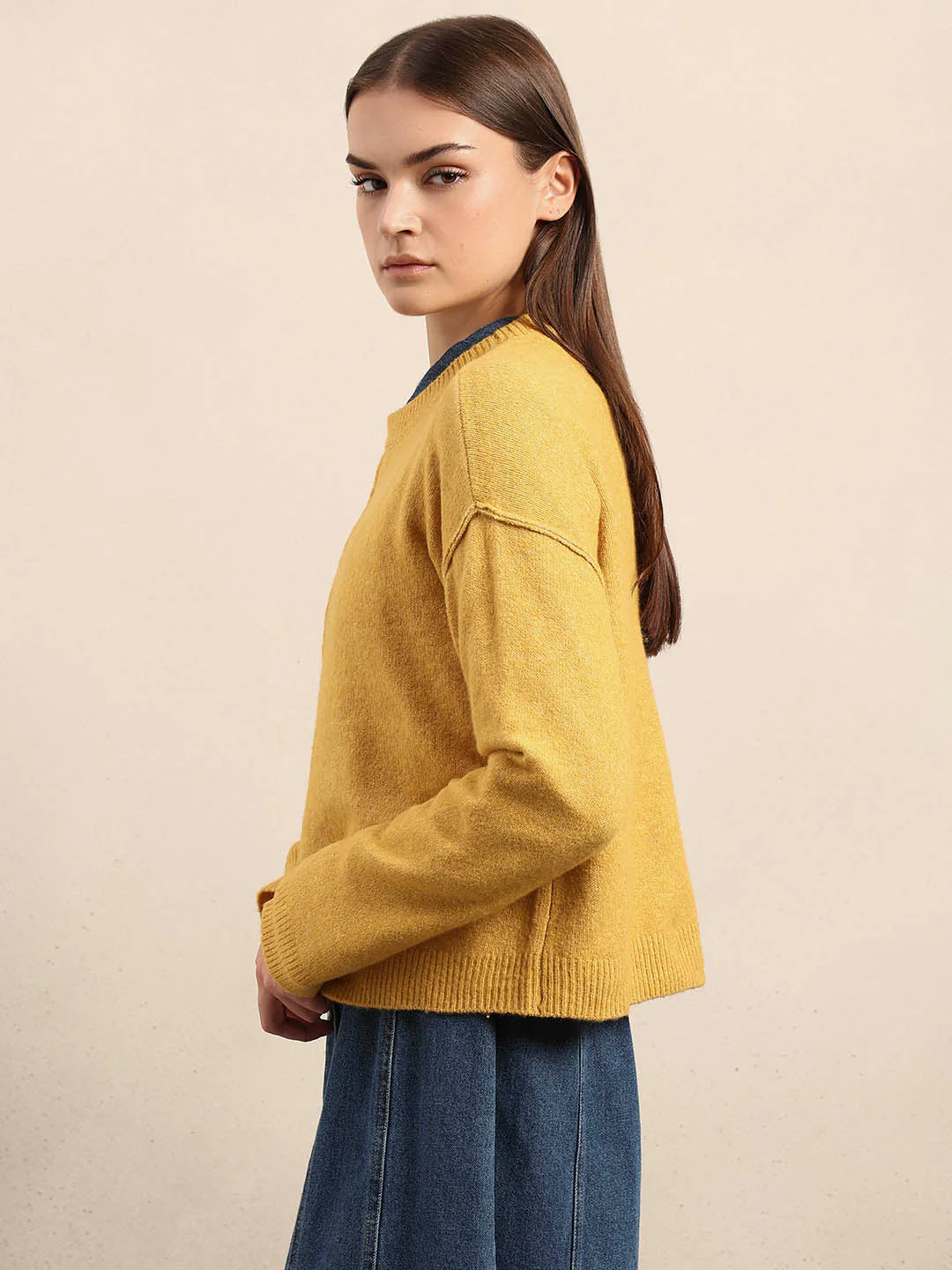 O-Neck Knitted Pullover - Mustard - Image 3