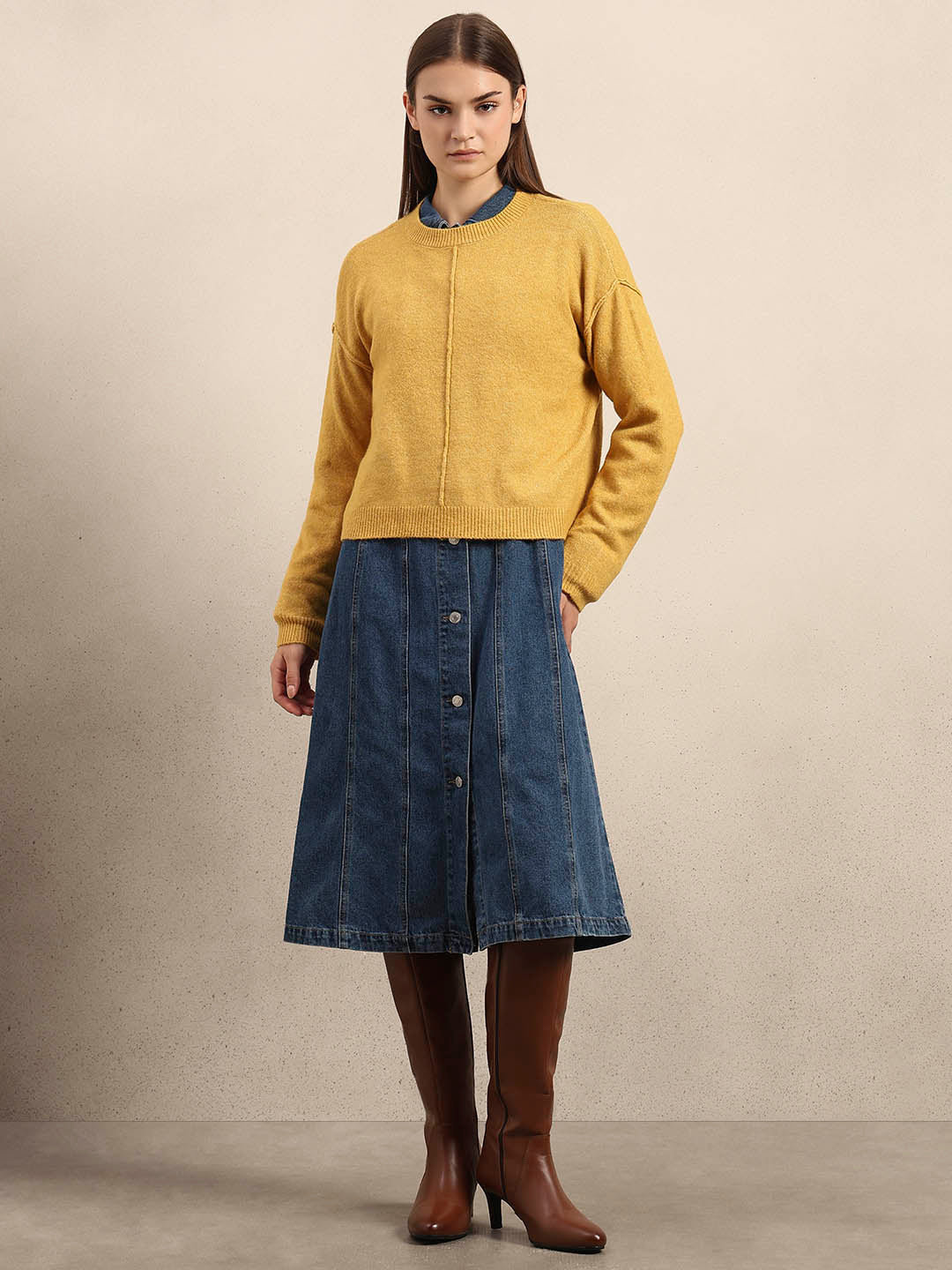 O-Neck Knitted Pullover - Mustard - Image 5