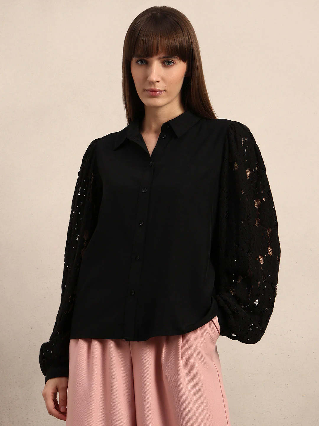 Lace Sleeves Black Shirt - Image 2