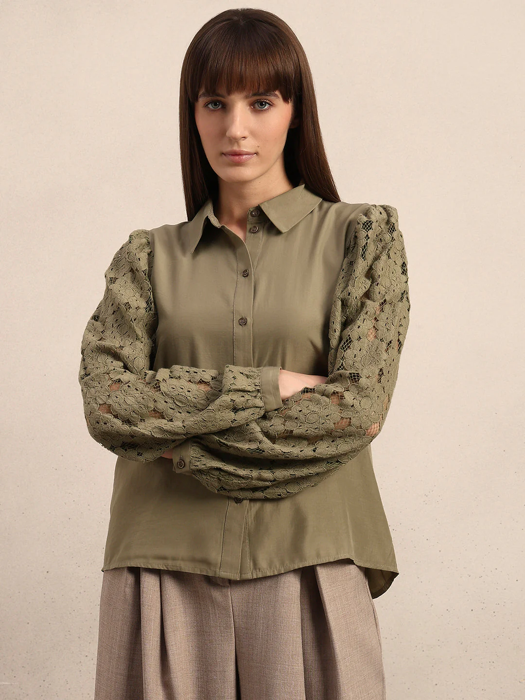 Lace Sleeves Green Shirt - Image 2