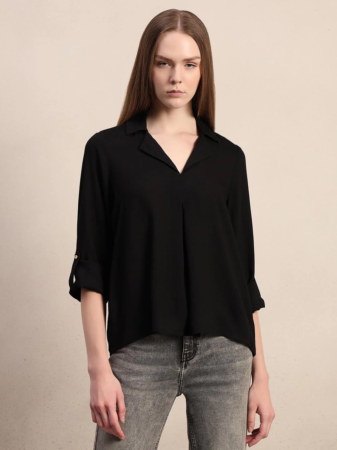 Black 3/4th Sleeves Regular Fit Shirt - Image 2
