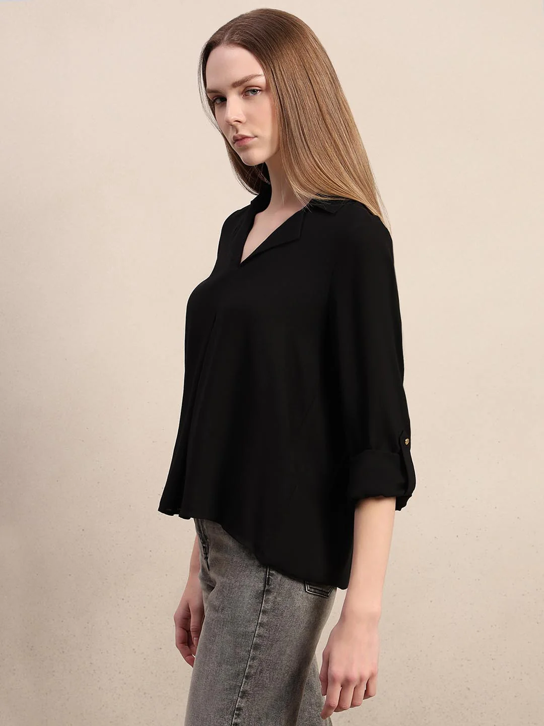 Black 3/4th Sleeves Regular Fit Shirt - Image 3