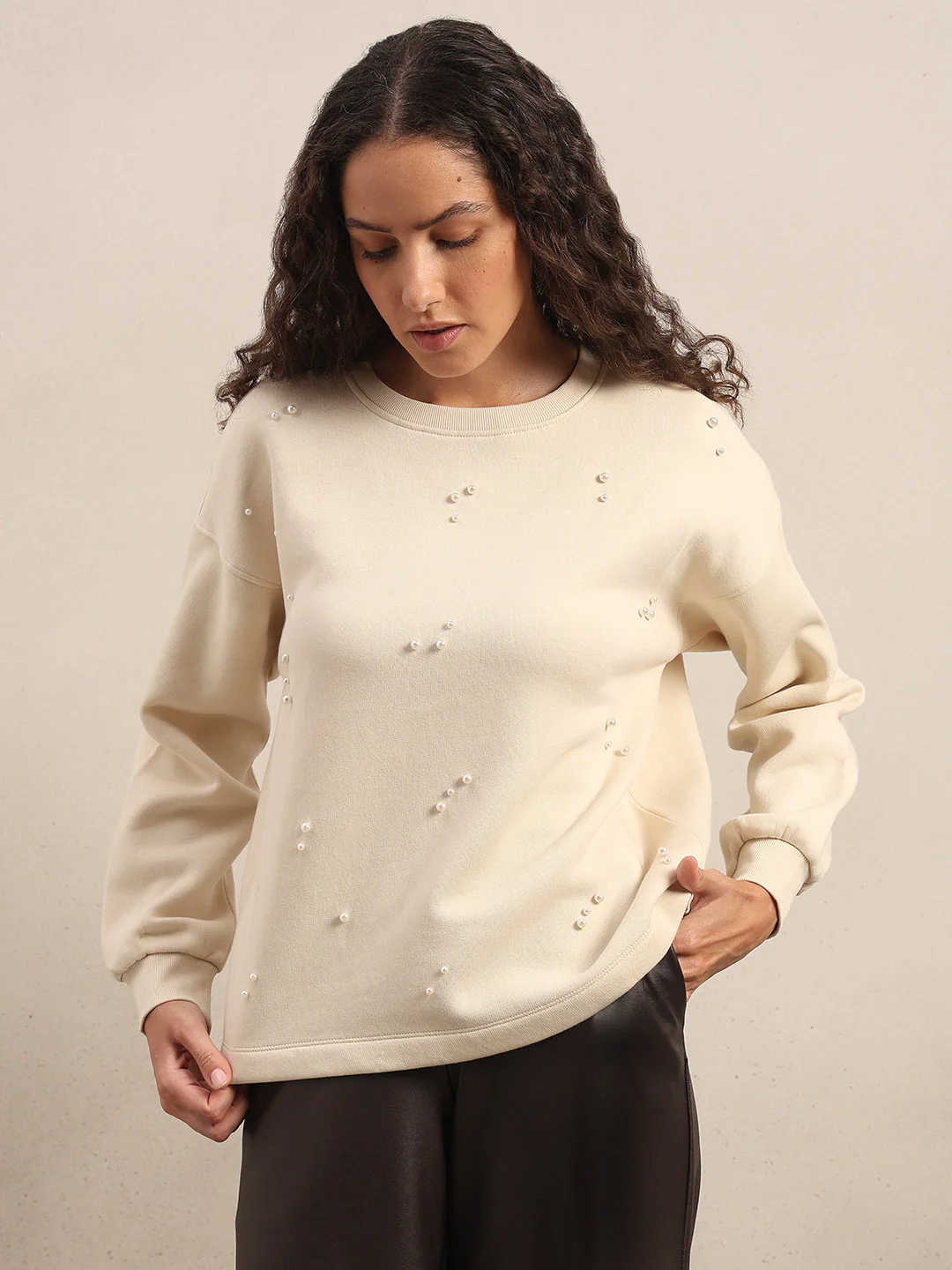 Pearl Embellished Cotton Sweatshirt - Off-White - Image 2