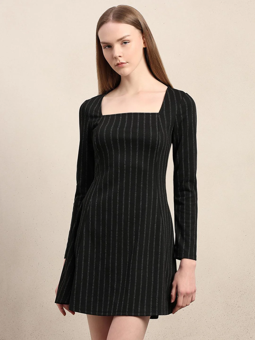 Black Striped Square Neck Dress - Image 2